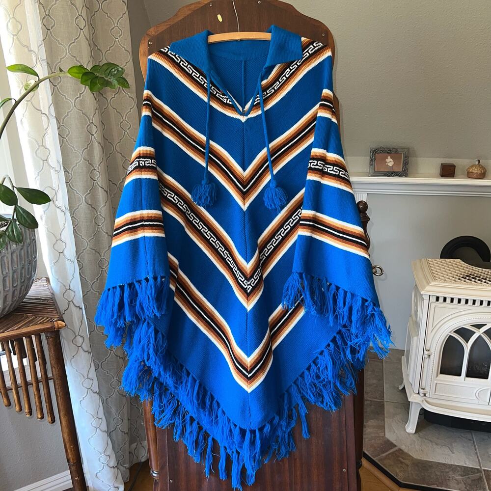 Vibrant Blue Striped Fringe Hooded Poncho